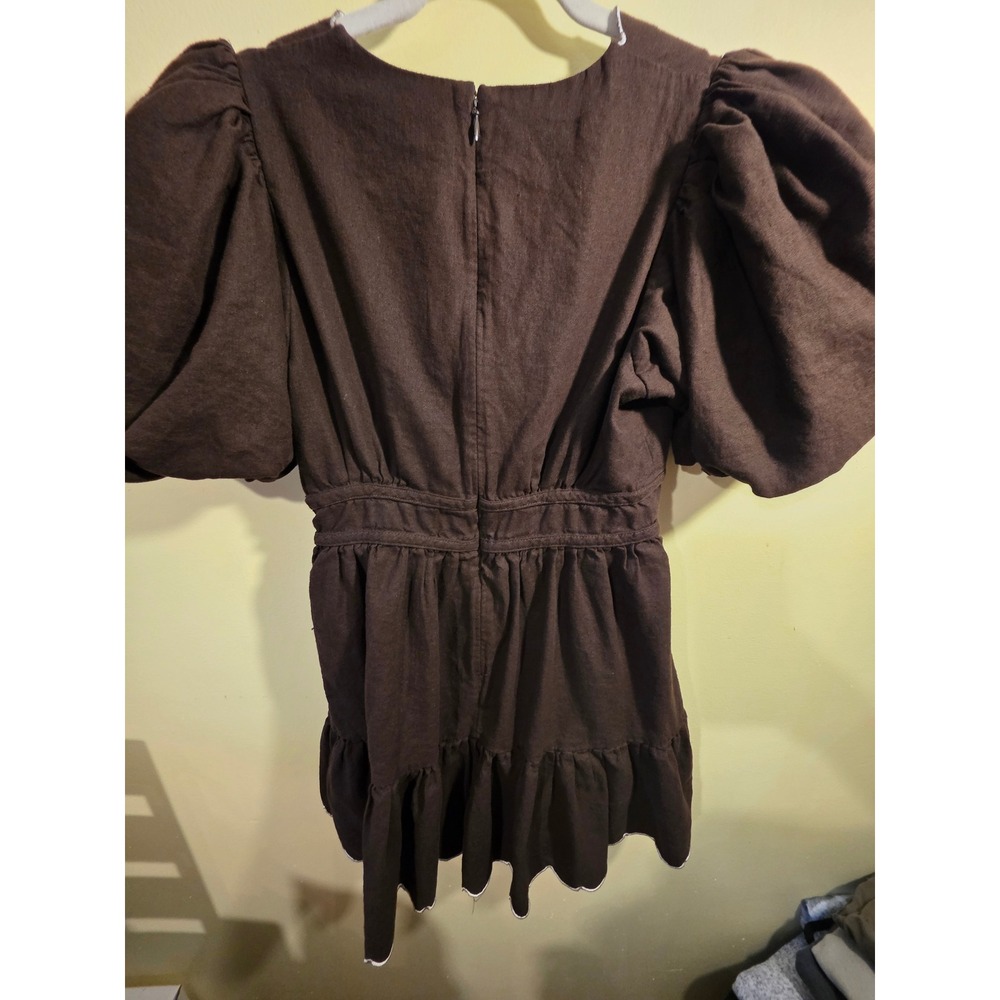 House of Harlow 1960 Brown Linen Puff Sleeve Scalloped Mini Dress Size 8 - Picture 4 of 6